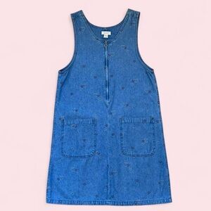 Vintage Heart Embroidered Blue Denim Sleeveless Dress